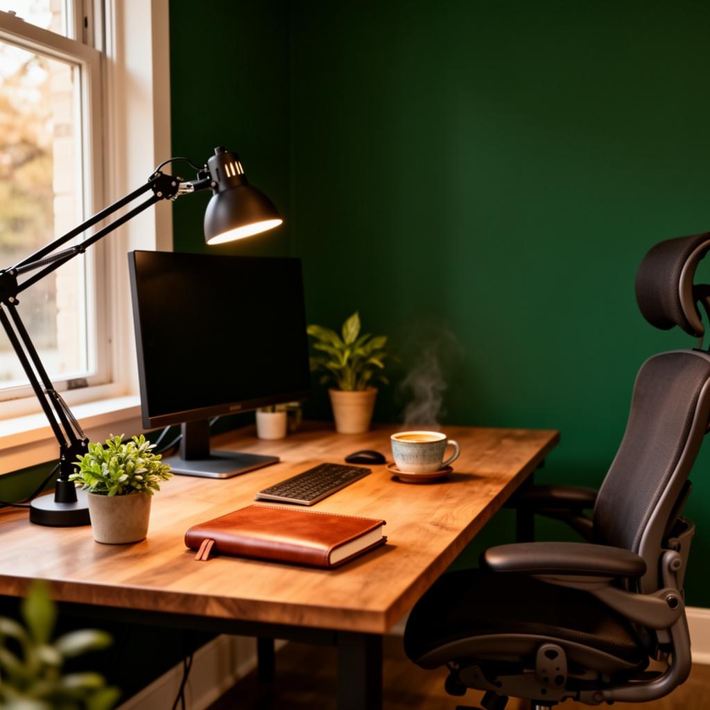 A dedicated desk with monitor arm and ergonomic chair beside a window