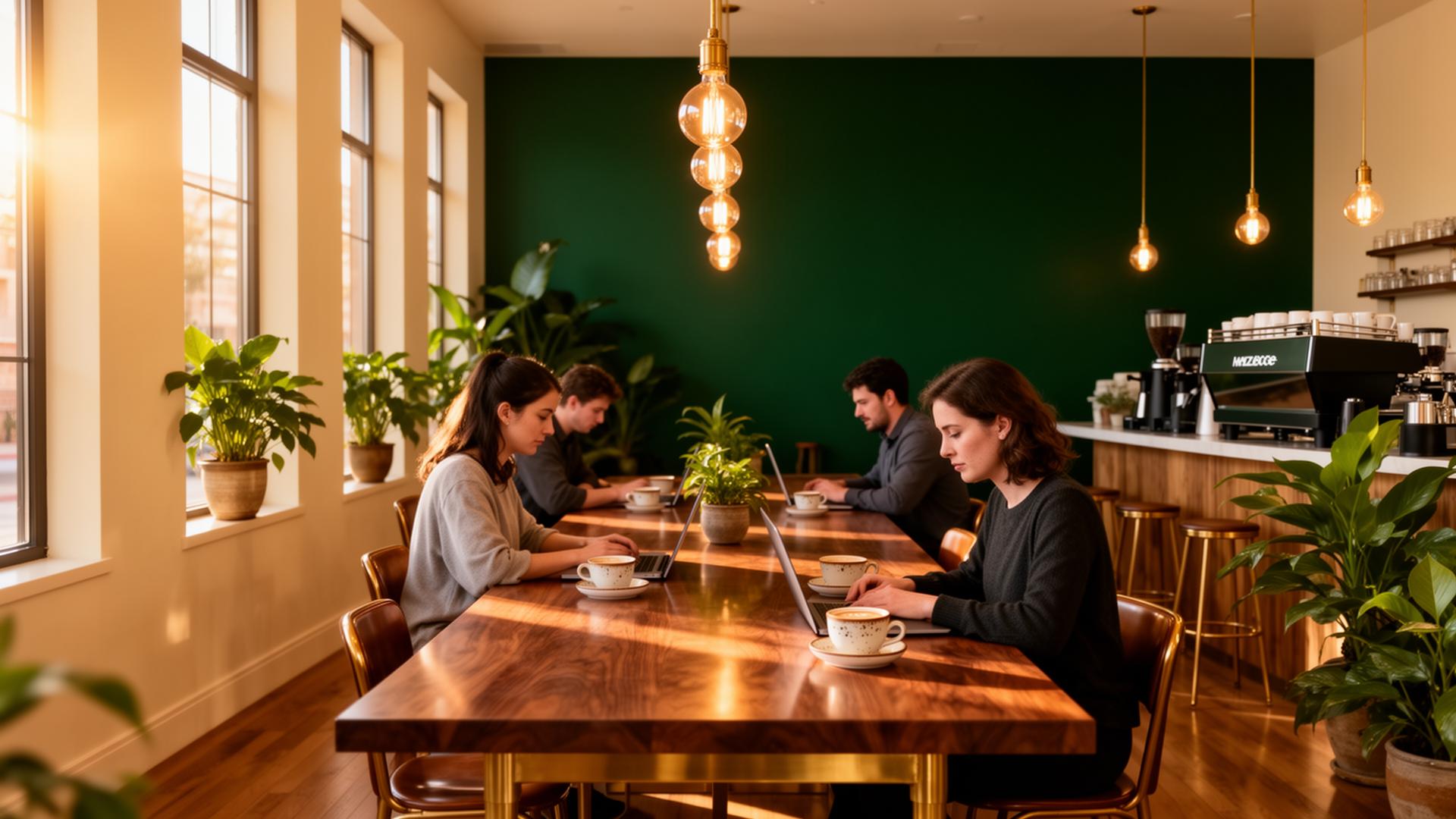 The Ground Floor café and coworking lounge — warm wood, soft light, and a La Marzocco on the bar