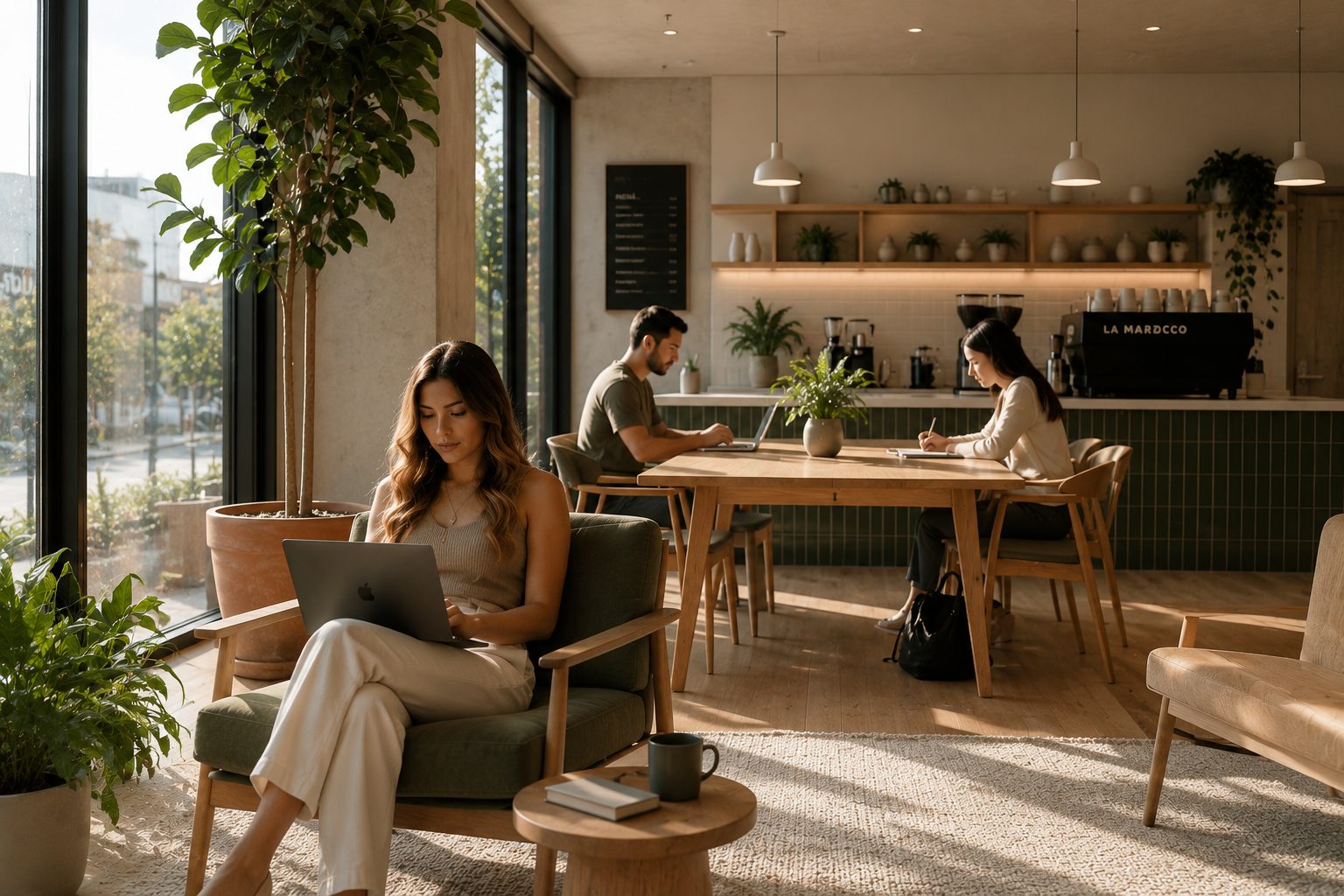 The Ground Floor café and coworking lounge — warm wood, soft light, and a La Marzocco on the bar